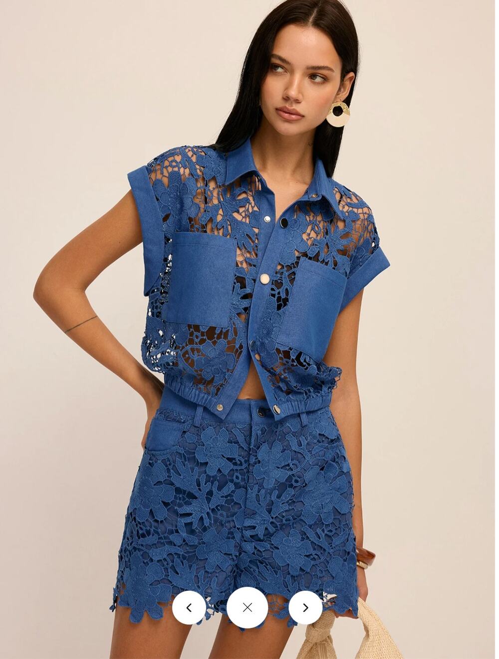 NWT Commense Guipure Lace Cropped Shirt & Shorts Set Sz M